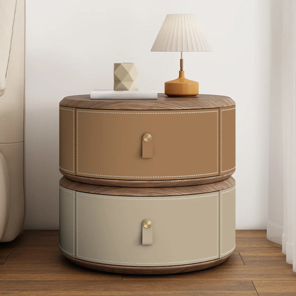 Modern Round Leather Nightstand with Wood Top and Drawers Image - 22
