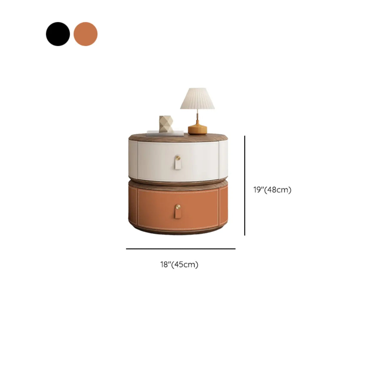 Modern Round Leather Nightstand with Wood Top and Drawers Image - 24