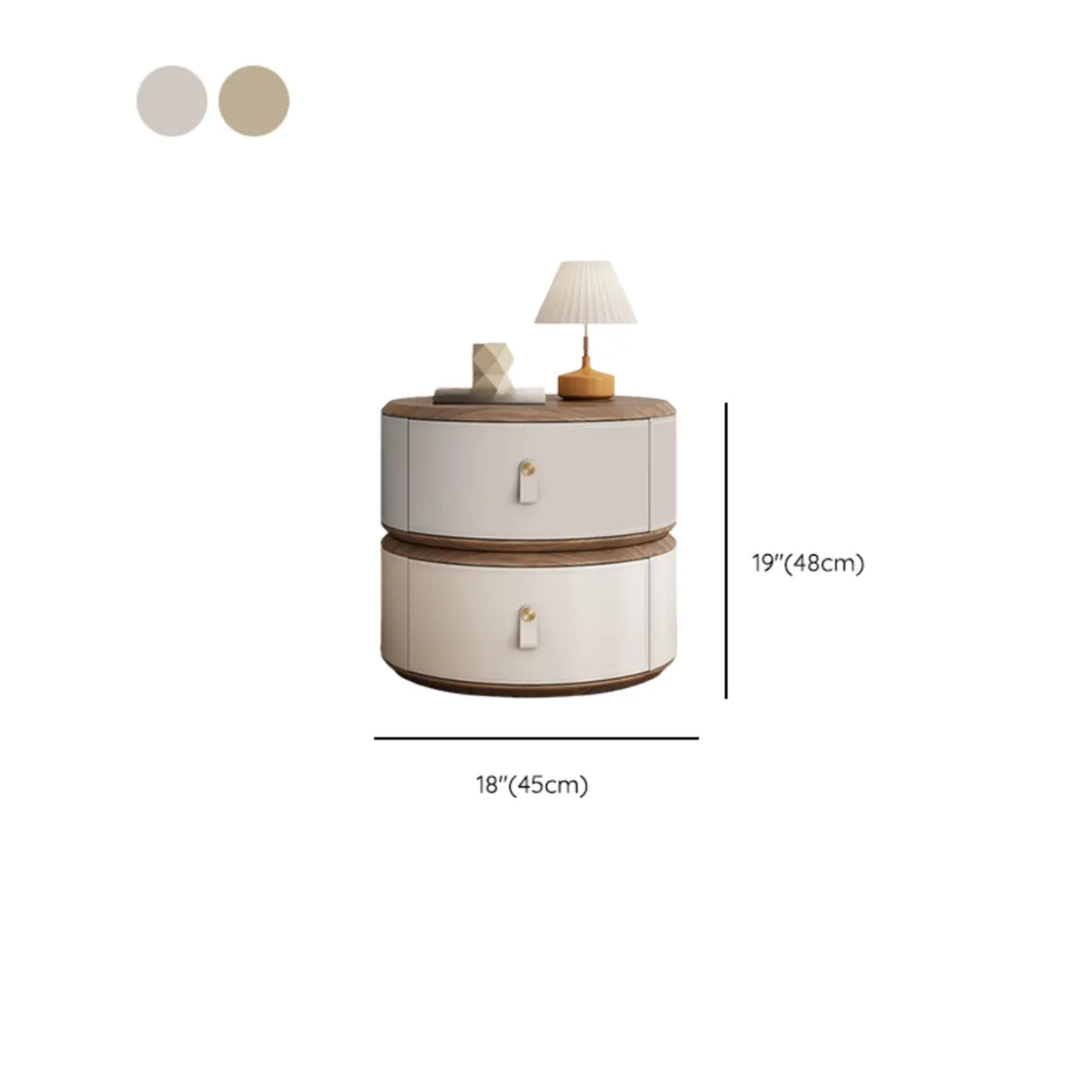 Modern Round Leather Nightstand with Wood Top and Drawers Image - 25