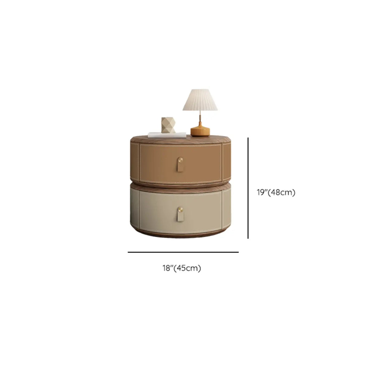 Modern Round Leather Nightstand with Wood Top and Drawers Image - 26