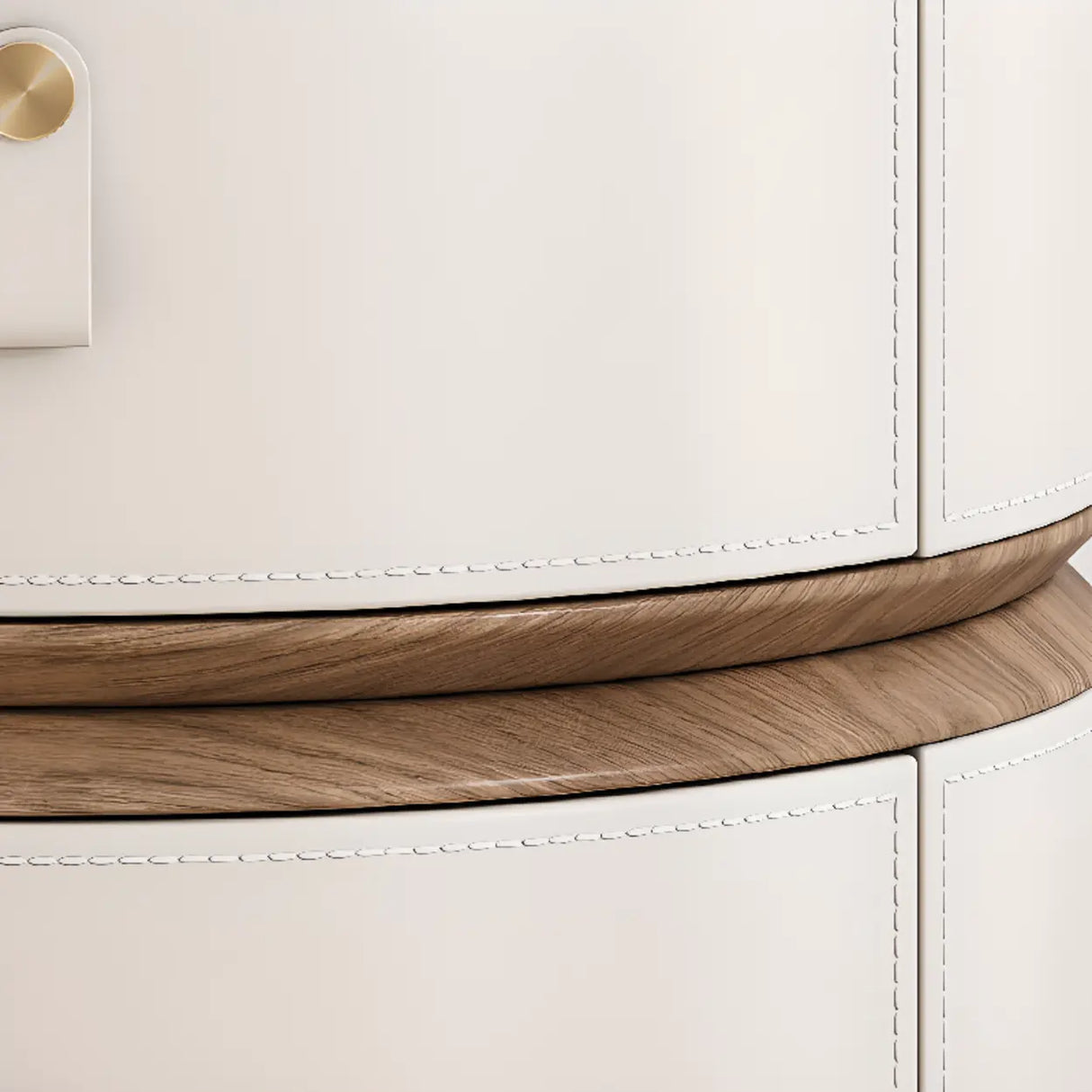 Modern Round Leather Nightstand with Wood Top and Drawers Image - 3