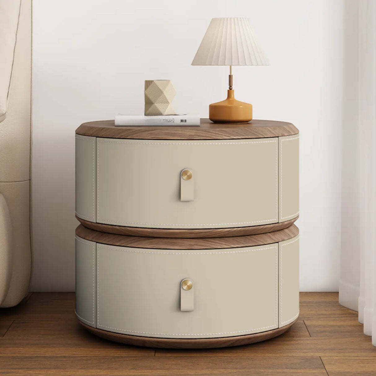 Modern Round Leather Nightstand with Wood Top and Drawers Image - 4
