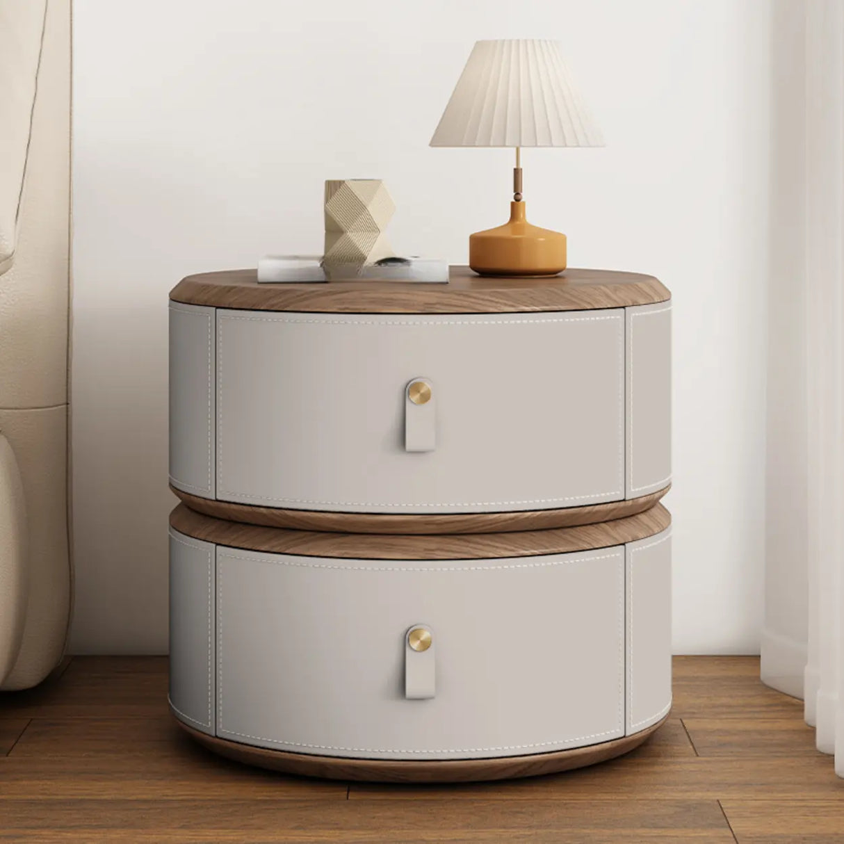 Modern Round Leather Nightstand with Wood Top and Drawers Image - 5