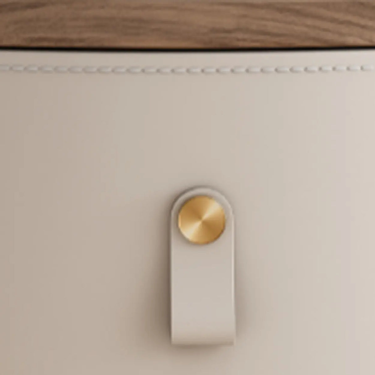 Modern Round Leather Nightstand with Wood Top and Drawers Image - 7