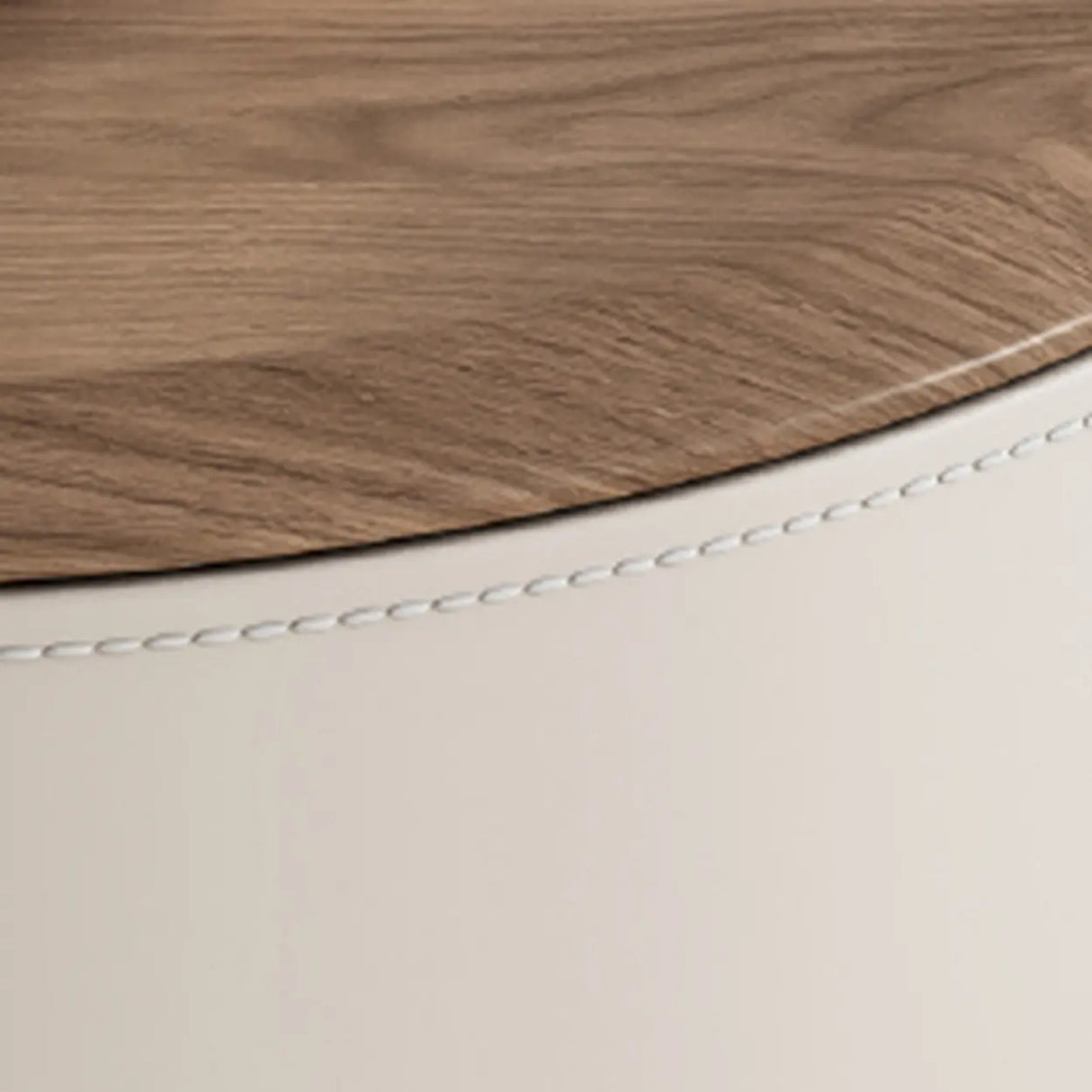 Modern Round Leather Nightstand with Wood Top and Drawers Image - 9