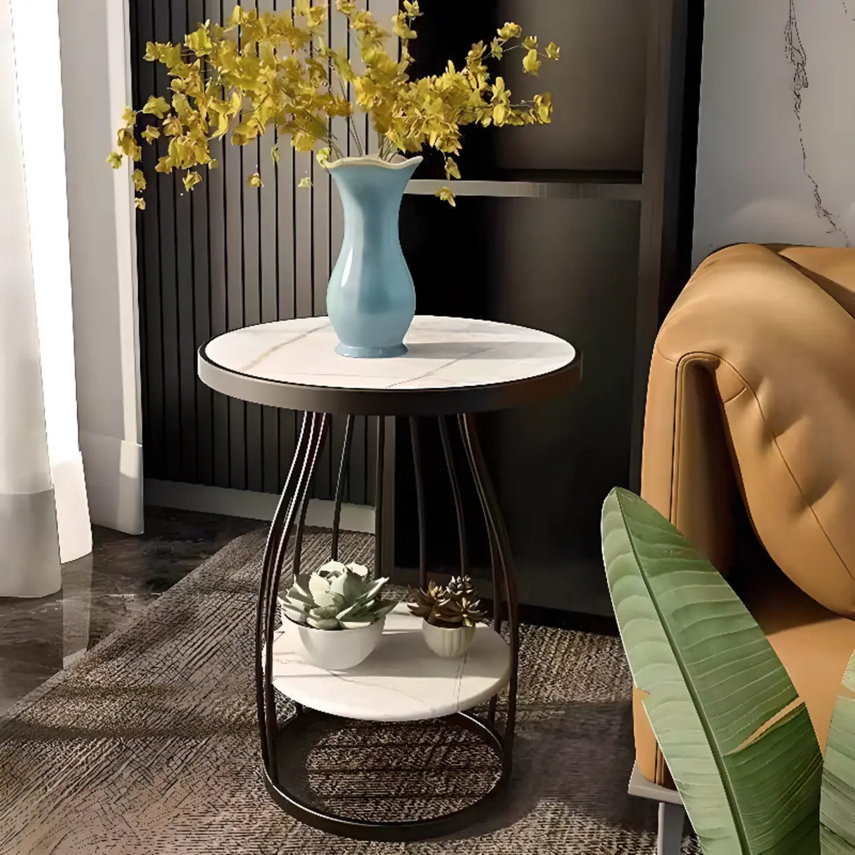Modern Round Marble-Top Metal Frame Side Table with Shelf Image - 1
