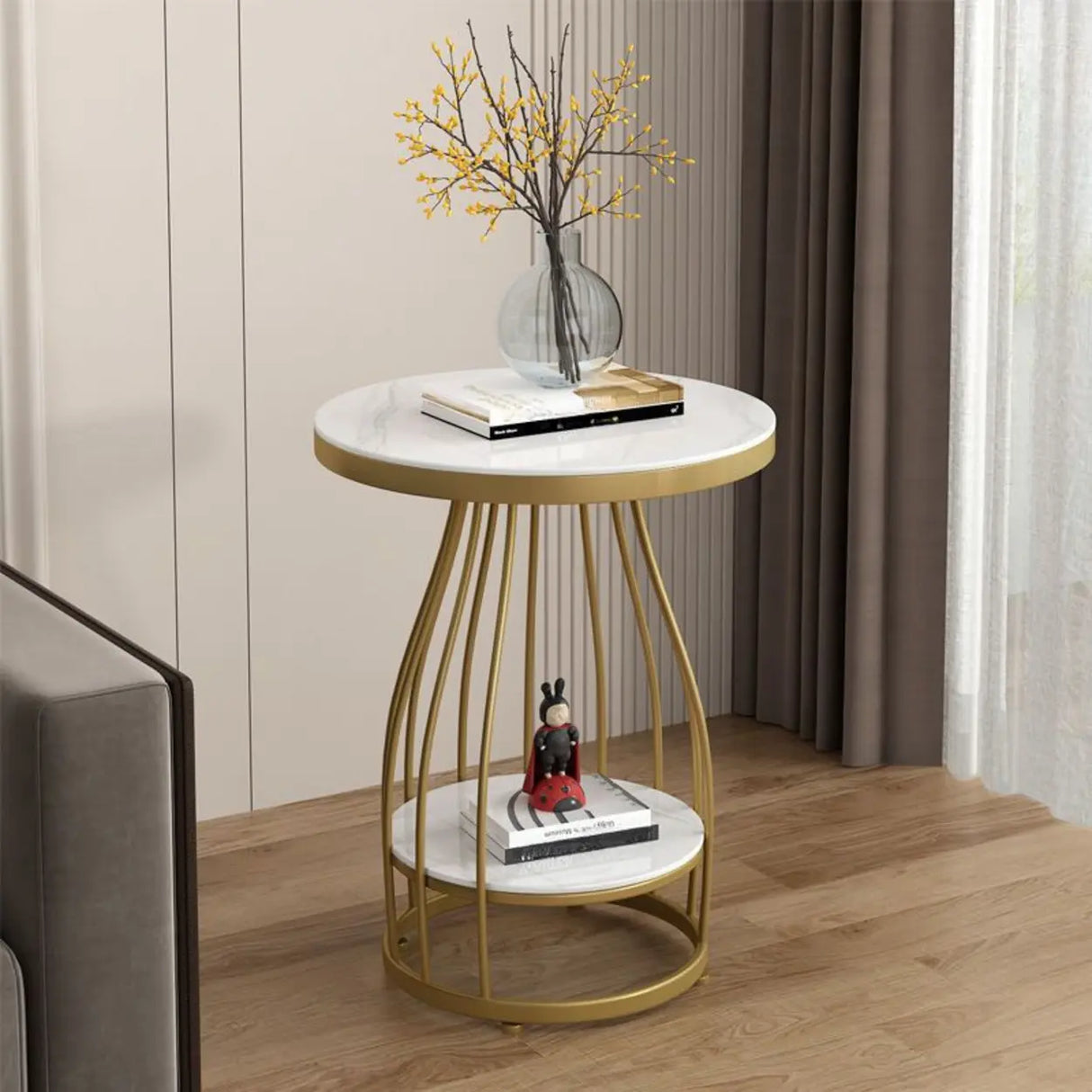Modern Round Marble-Top Metal Frame Side Table with Shelf Image - 10