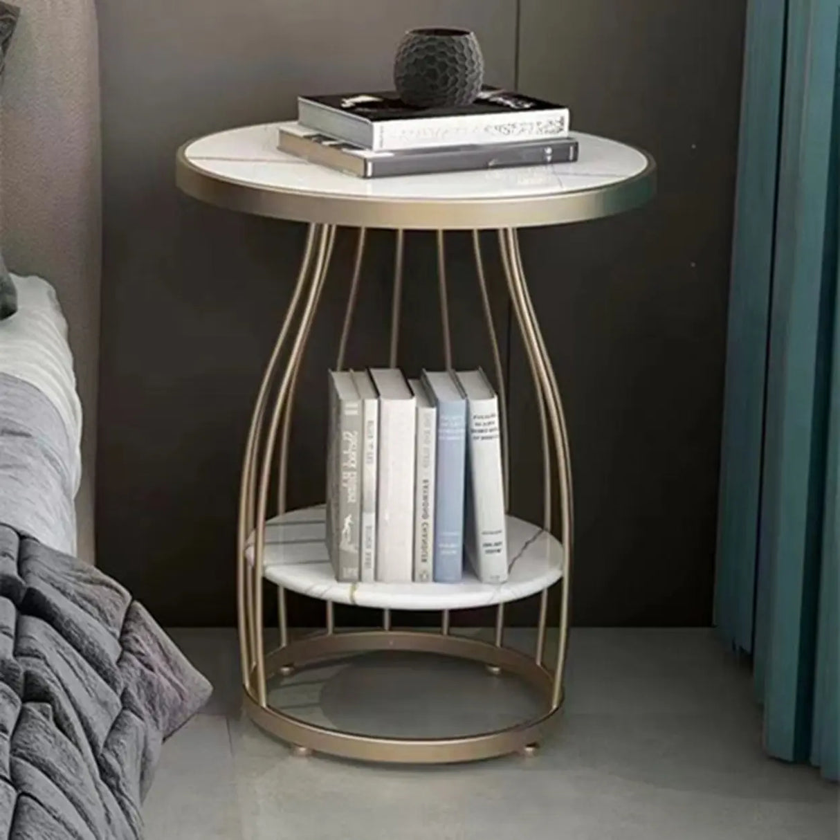 Modern Round Marble-Top Metal Frame Side Table with Shelf Image - 3