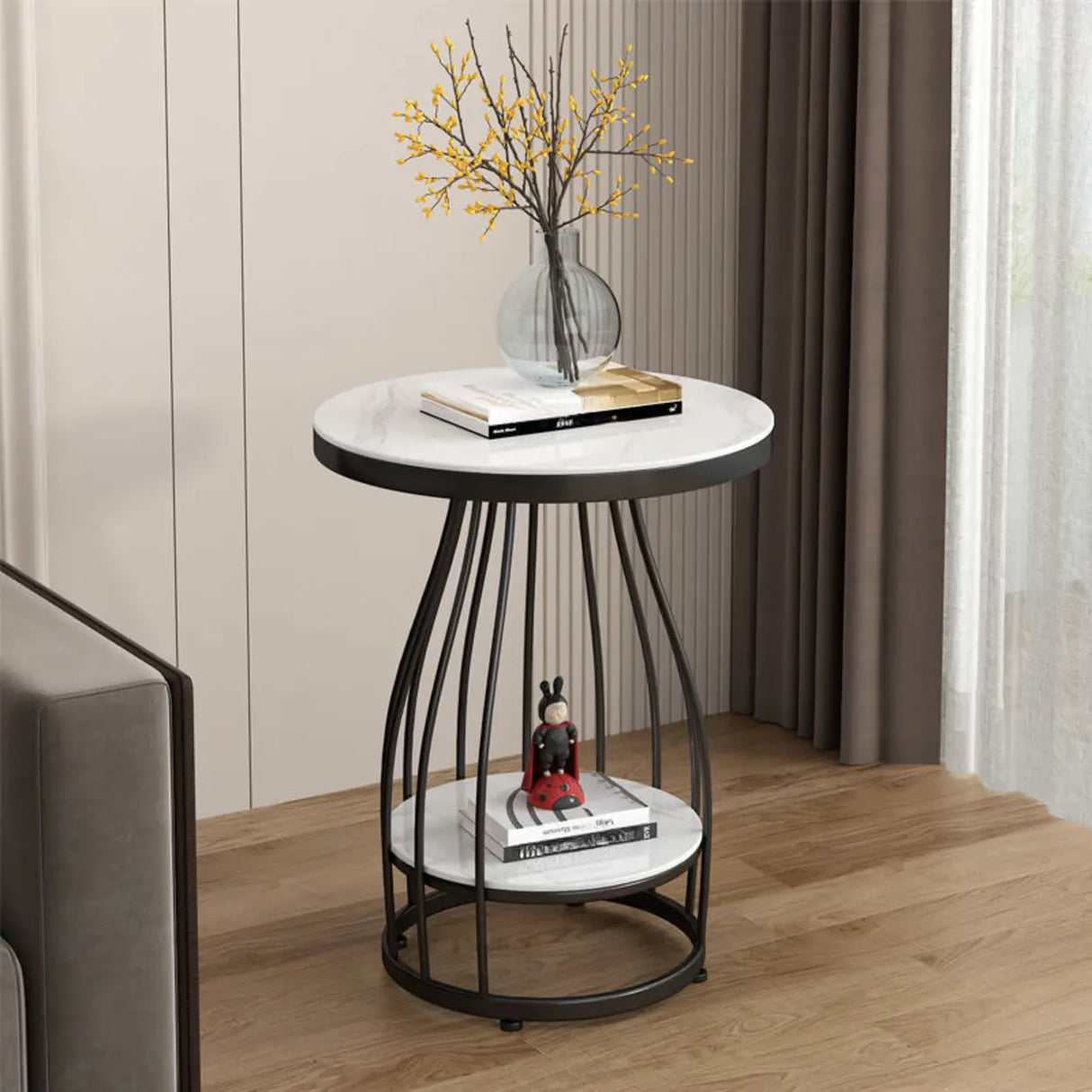 Modern Round Marble-Top Metal Frame Side Table with Shelf Image - 4
