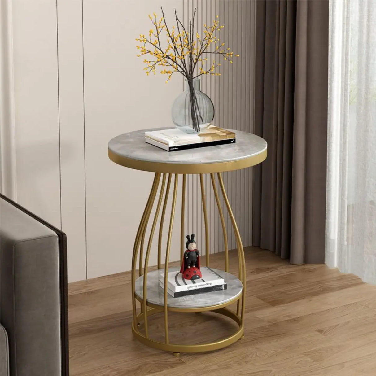 Modern Round Marble-Top Metal Frame Side Table with Shelf Image - 5