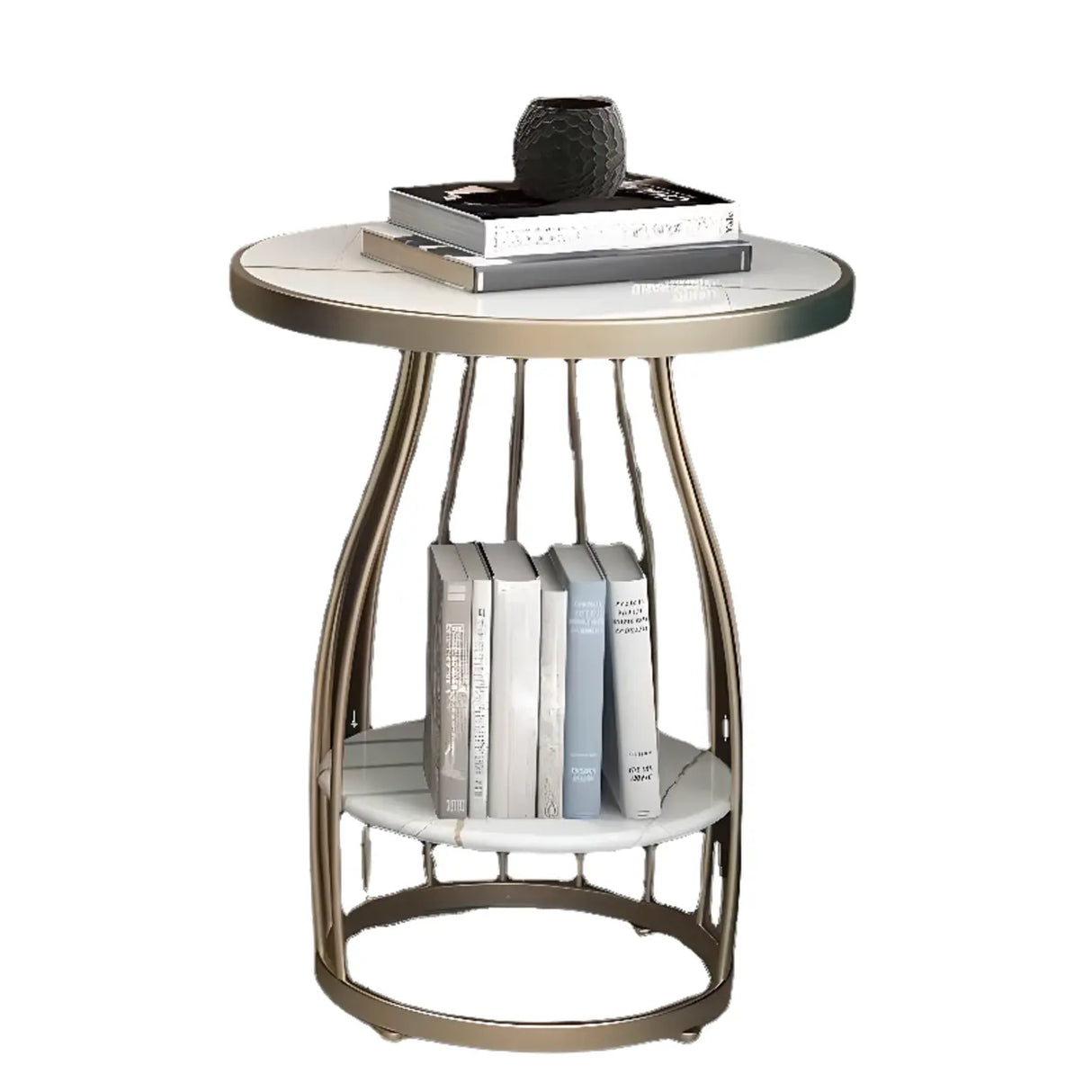 Modern Round Marble-Top Metal Frame Side Table with Shelf Image - 6