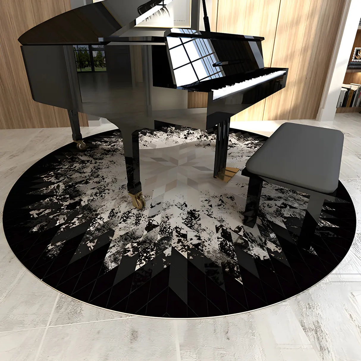 Modern Round Polyester Black Geometric Anti-Slip Rug Image - 4