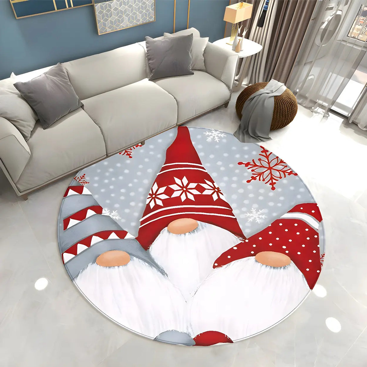 Modern Round Polyester Christmas Pattern Red Area Rug Image - 1