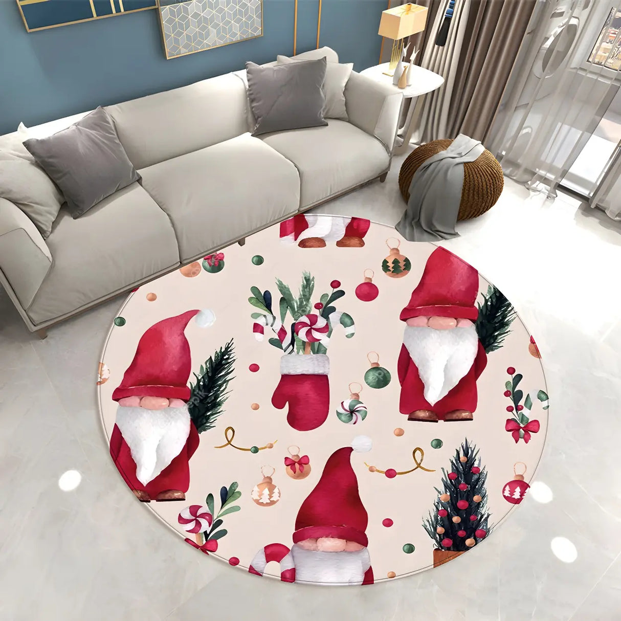 Modern Round Polyester Christmas Pattern Red Area Rug Image - 2