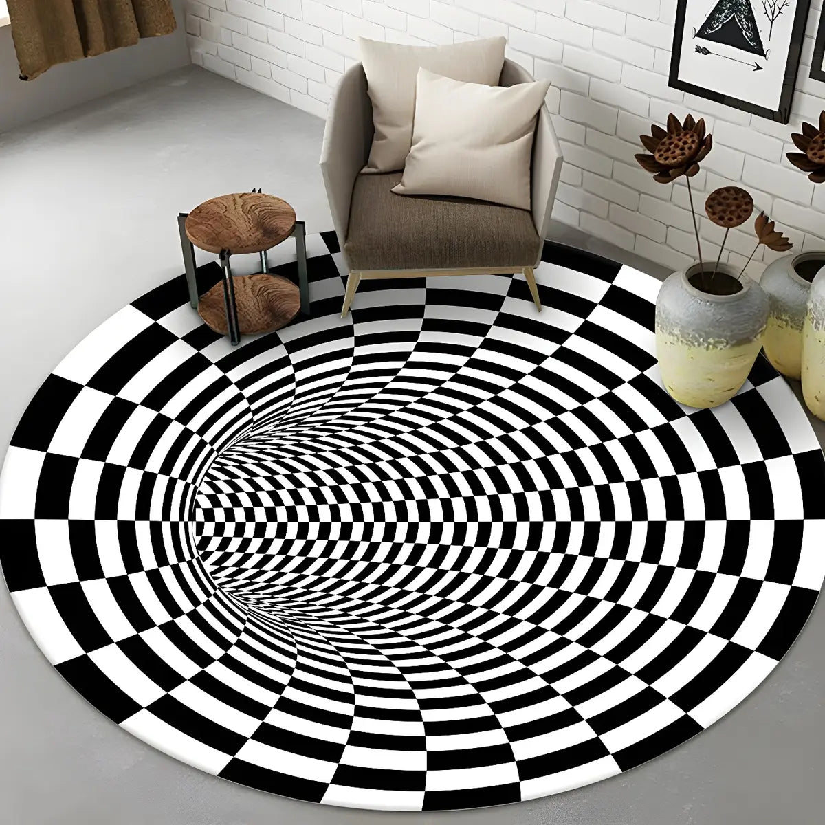 Modern Round Polyester Optical Illusion Black Area Rug Image - 1