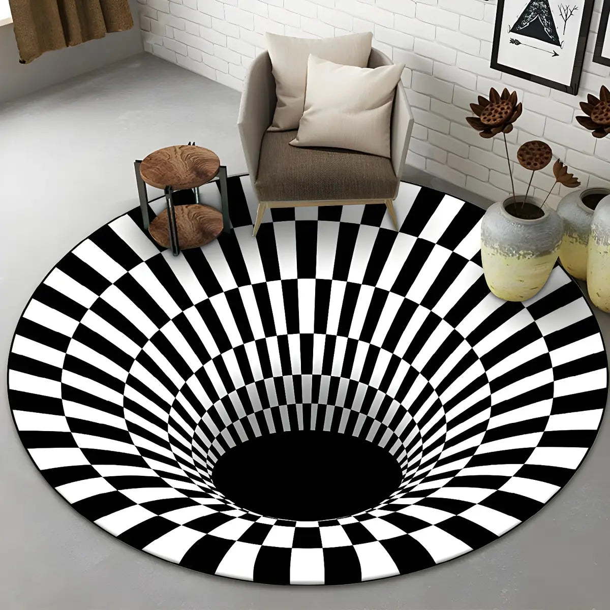 Modern Round Polyester Optical Illusion Black Area Rug Image - 19