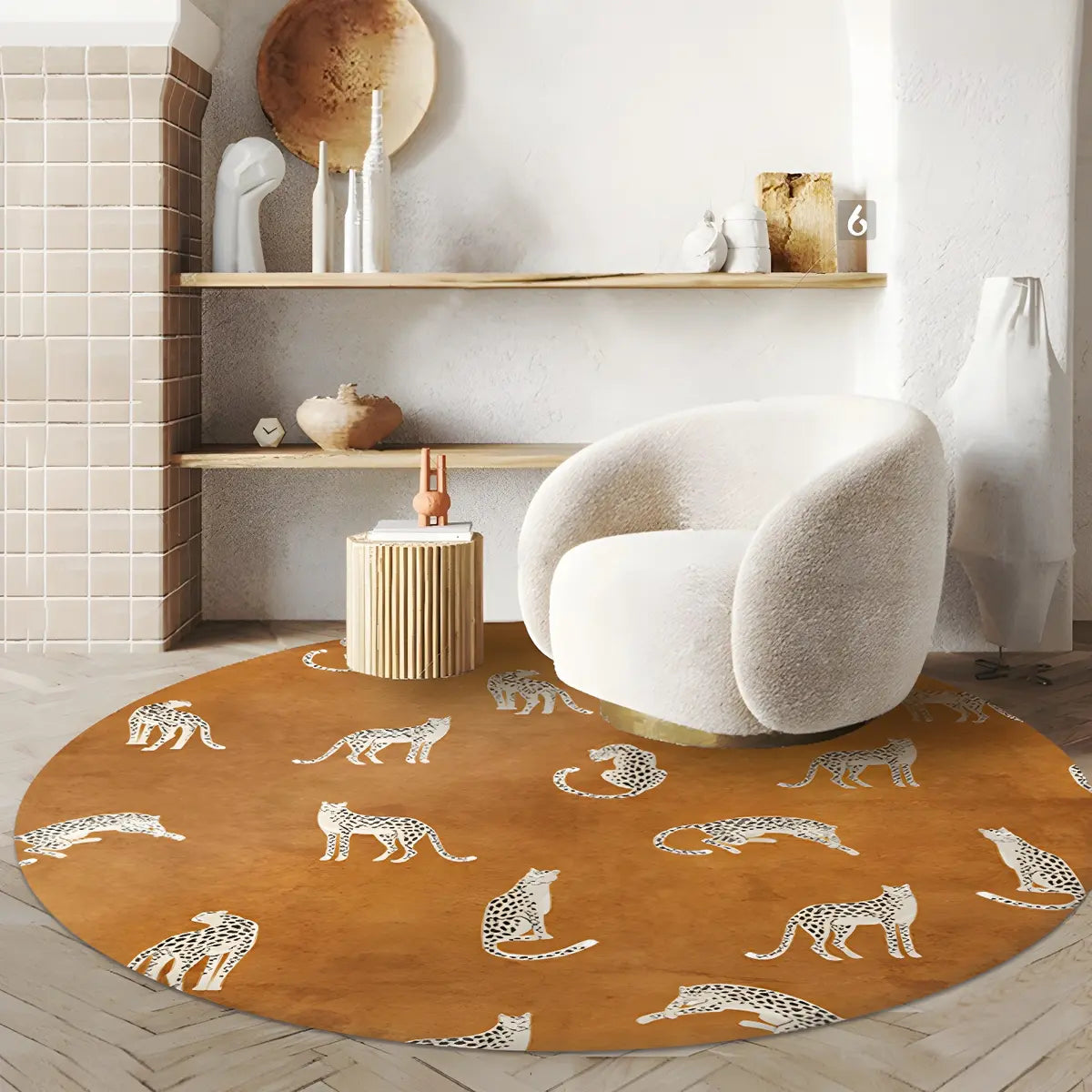 Modern Round Polyester Wildlife Orange Area Rug Image - 1