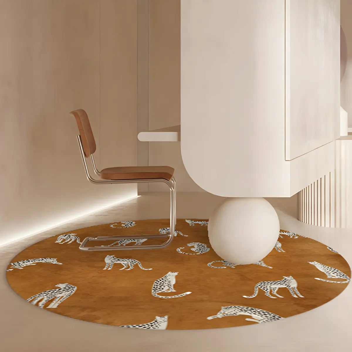 Modern Round Polyester Wildlife Orange Area Rug Image - 2