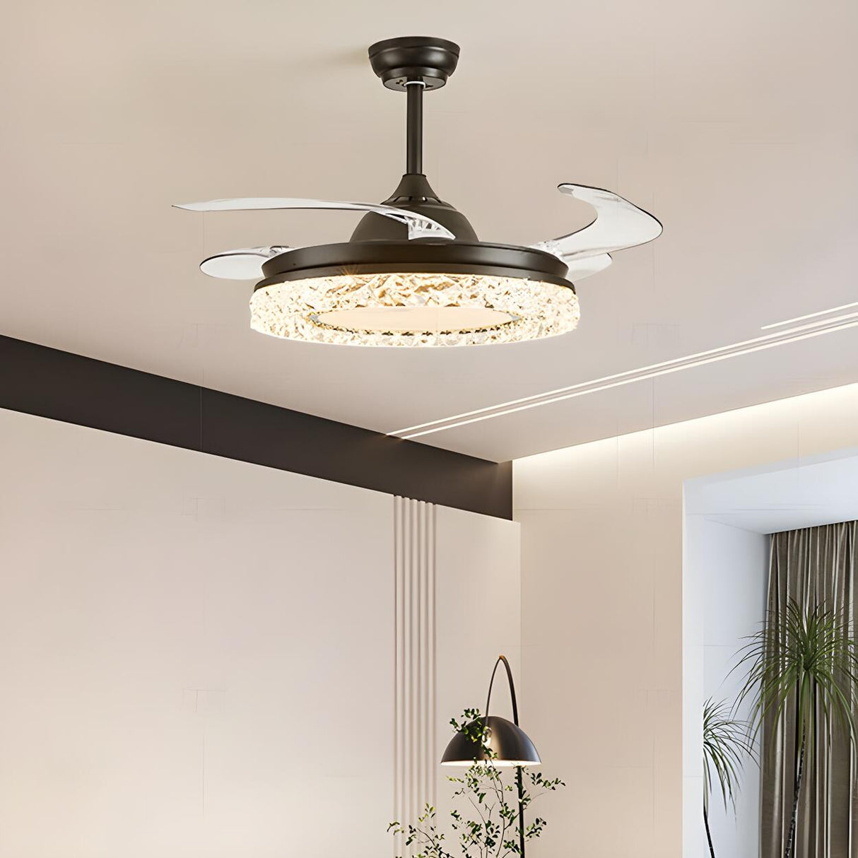 Modern Round Retractable Blades Ceiling Fan with Light Image - 14