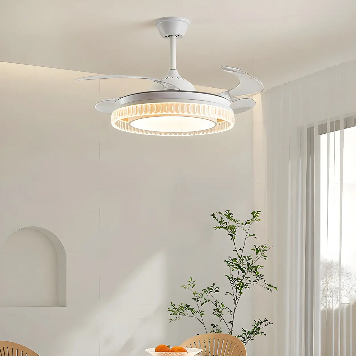 Modern Round Retractable Blades Ceiling Fan with Light Image - 4