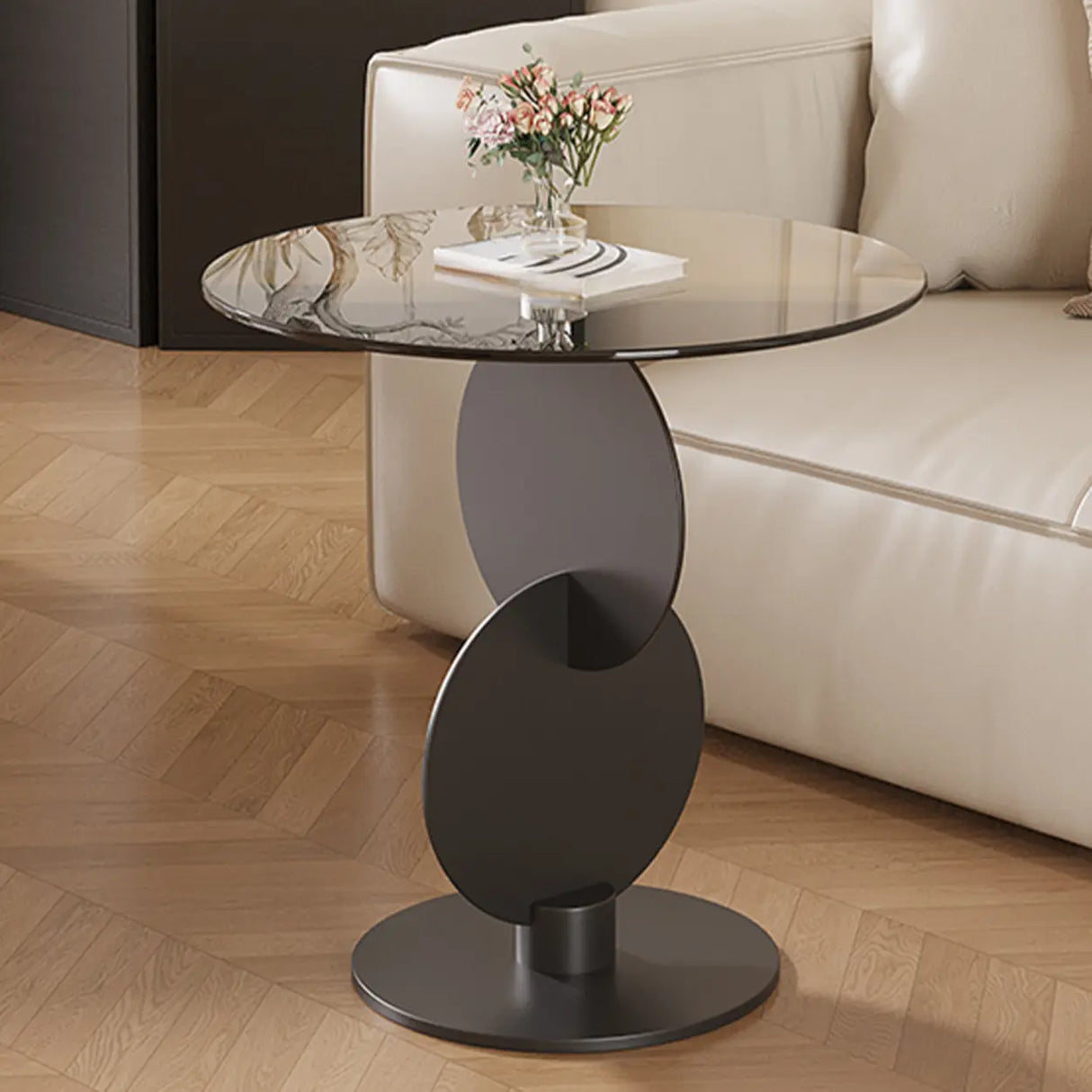 Modern Round Smoked Glass and Metal Abstract Base Side Table Image - 1