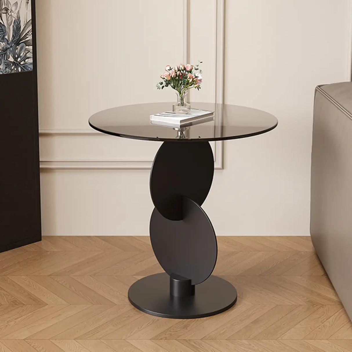 Modern Round Smoked Glass and Metal Abstract Base Side Table Image - 4