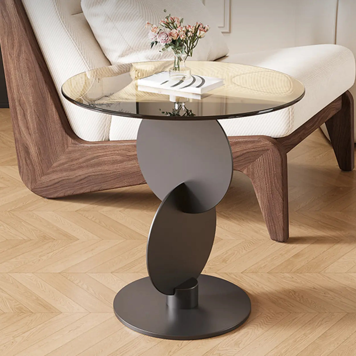 Modern Round Smoked Glass and Metal Abstract Base Side Table Image - 5