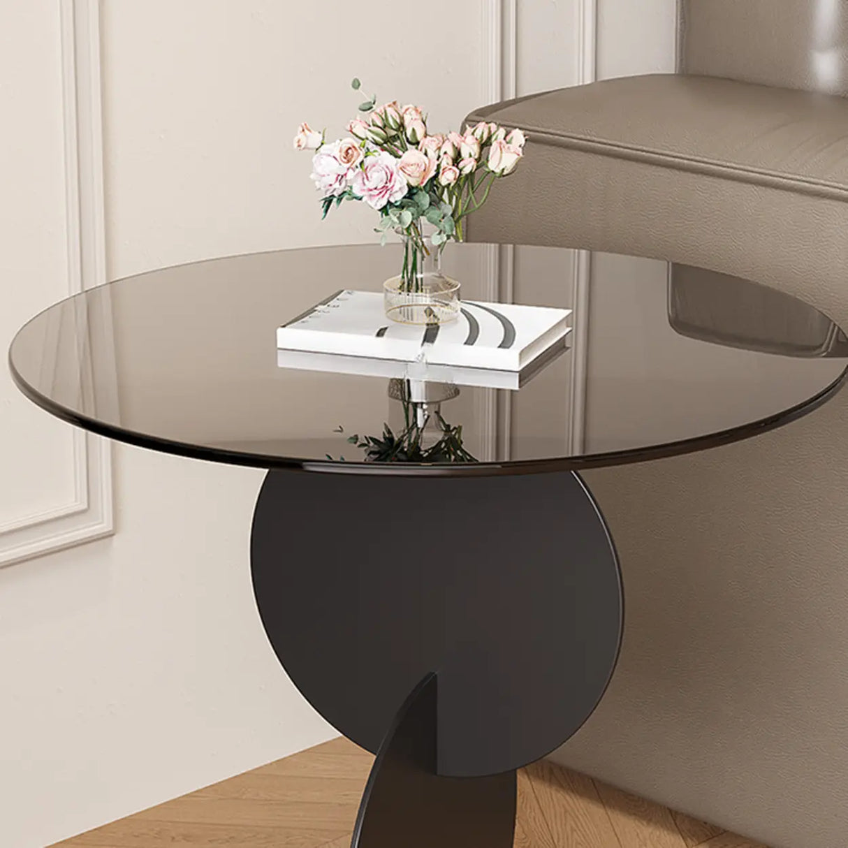 Modern Round Smoked Glass and Metal Abstract Base Side Table Image - 6