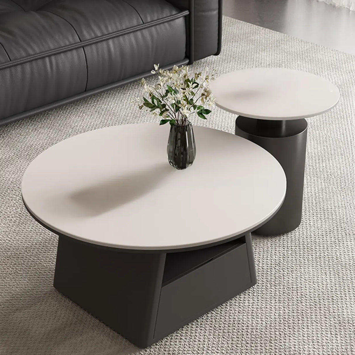 Modern Round Stone Coffee Table with Storage Drawer Image - 2