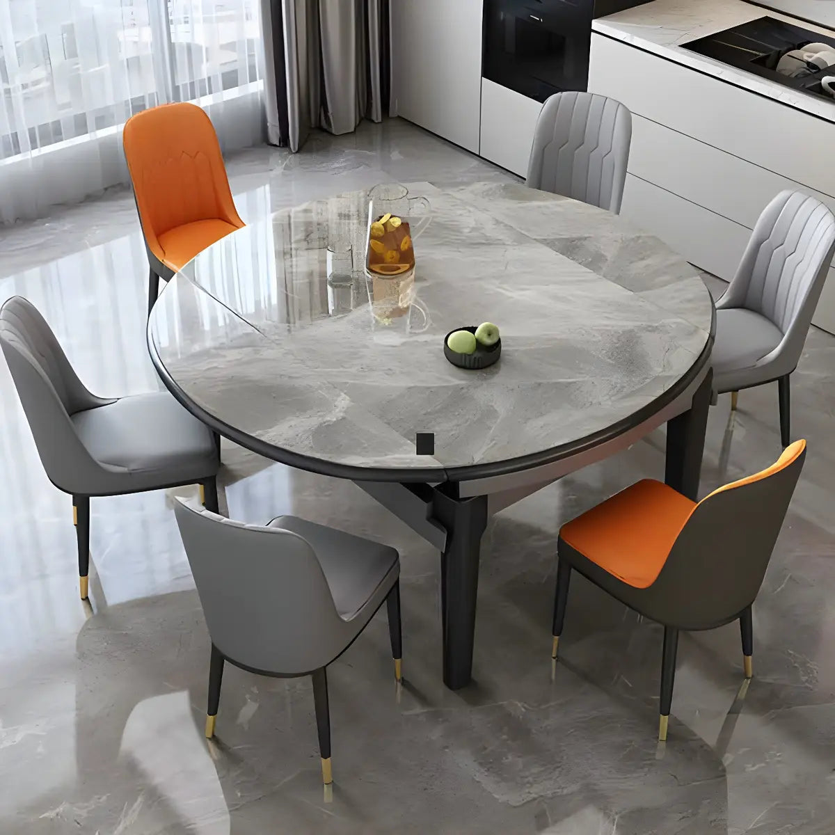 Modern Round Stone Dining Table Marble Grey Extendable Image - 1