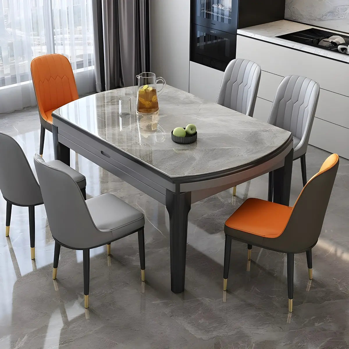 Modern Round Stone Dining Table Marble Grey Extendable Image - 2