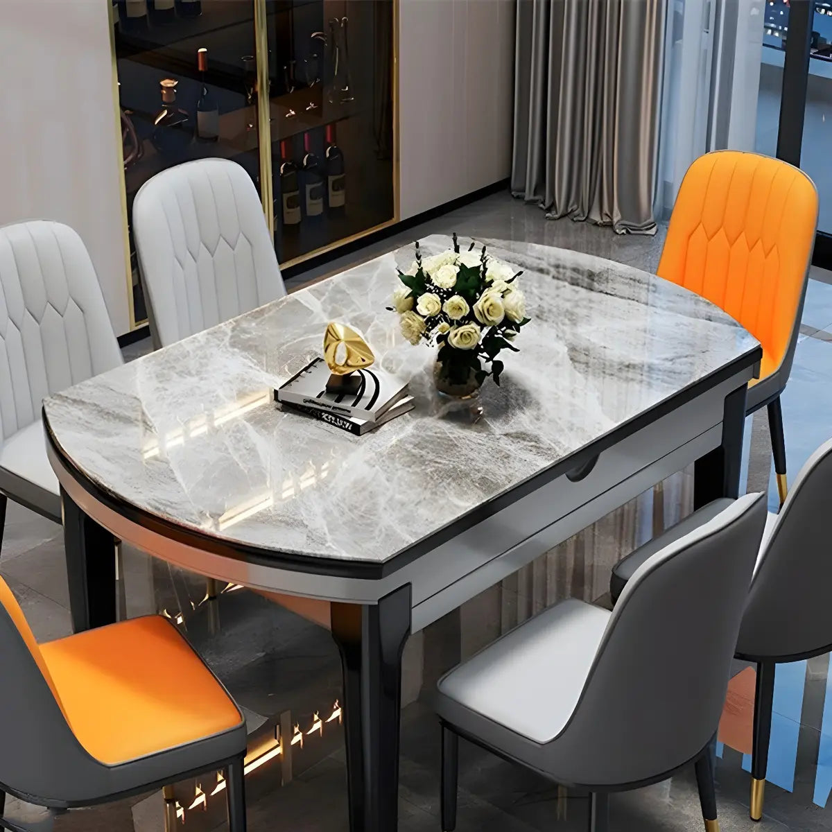 Modern Round Stone Dining Table Marble Grey Extendable Image - 4