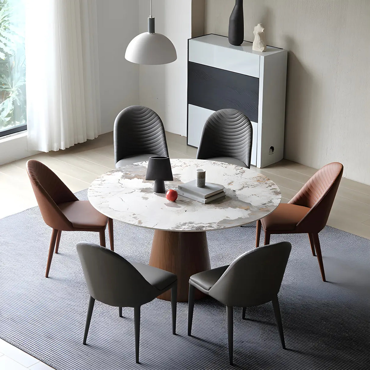 Modern Round Stone Wood Base Grey Dining Table Image - 2