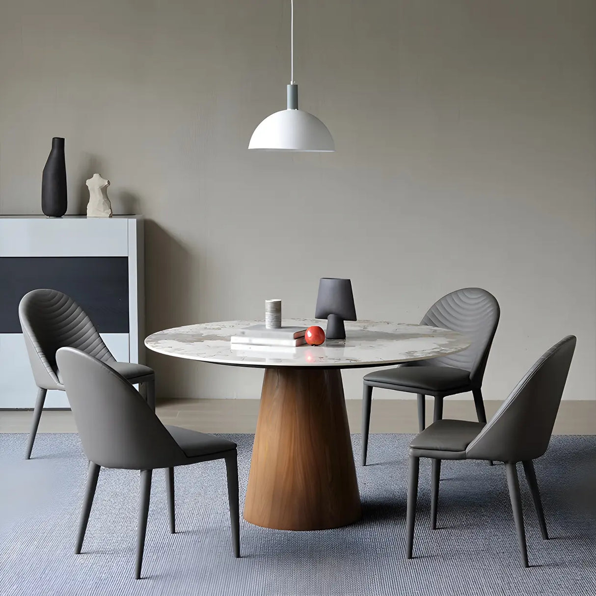 Modern Round Stone Wood Base Grey Dining Table Image - 3