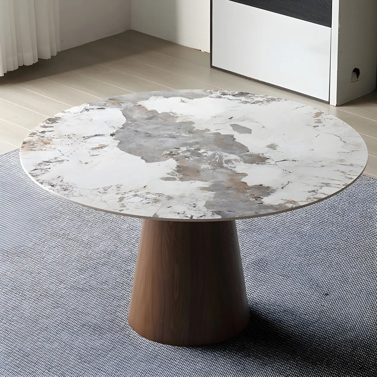 Modern Round Stone Wood Base Grey Dining Table Image - 4