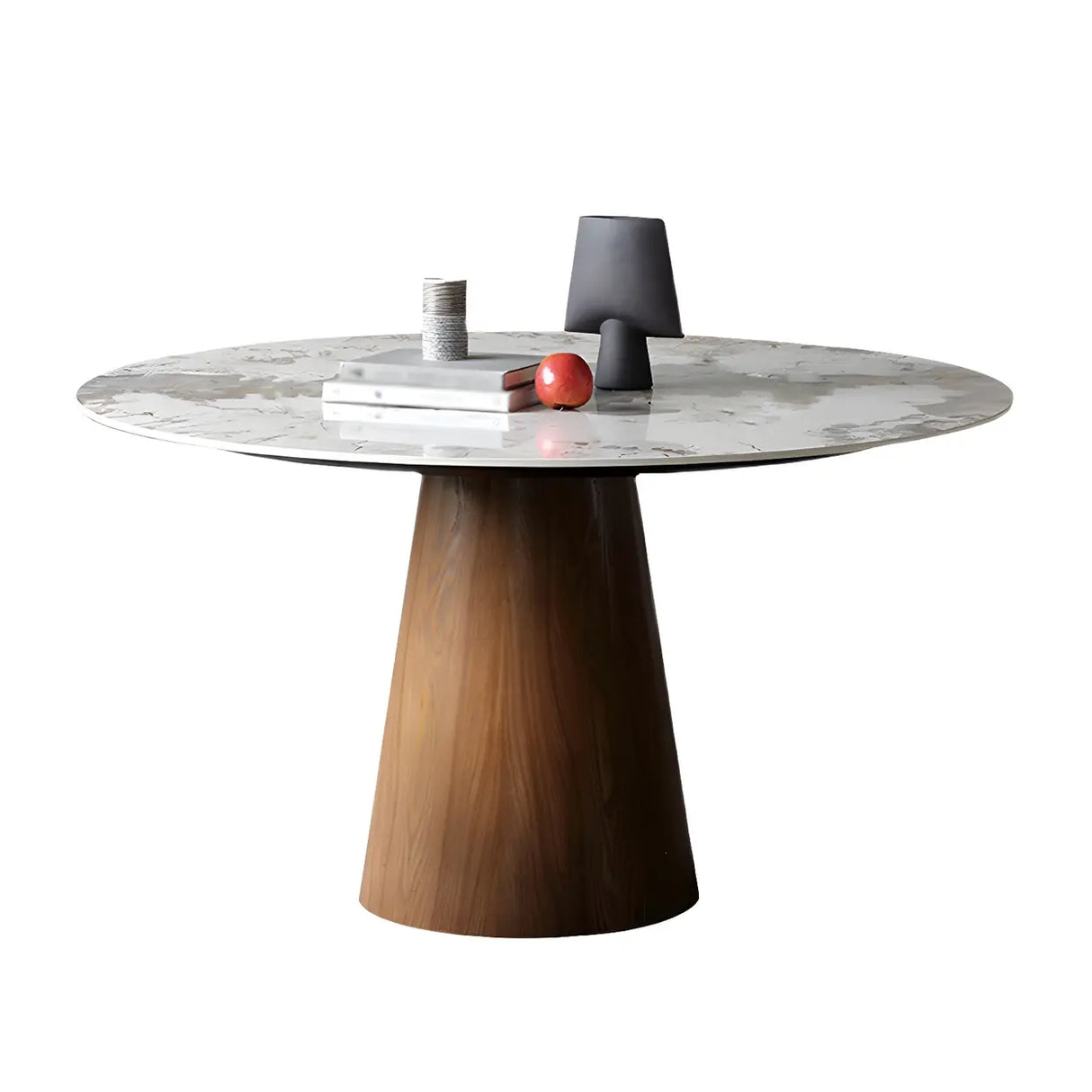 Modern Round Stone Wood Base Grey Dining Table Image - 5