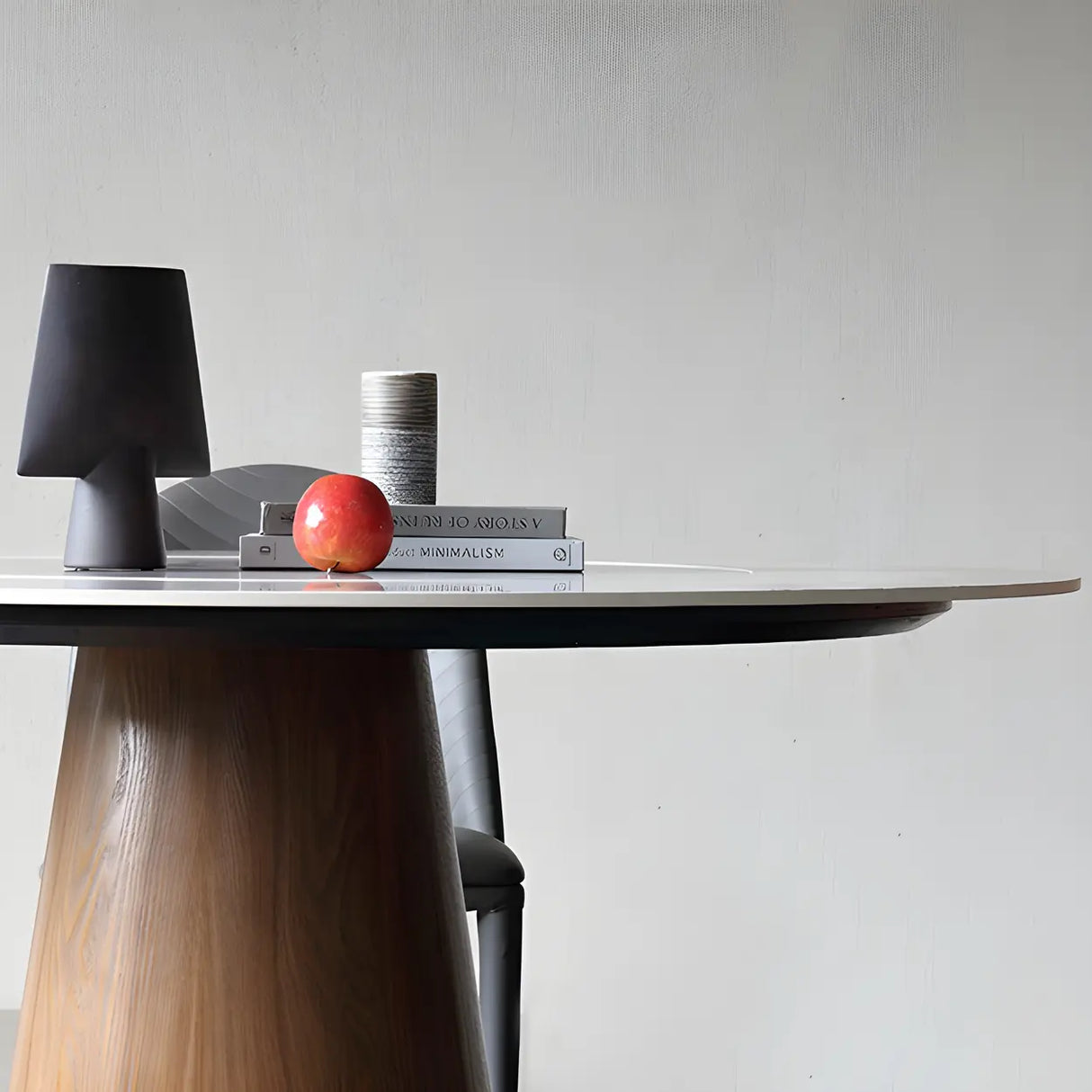 Modern Round Stone Wood Base Grey Dining Table Image - 6