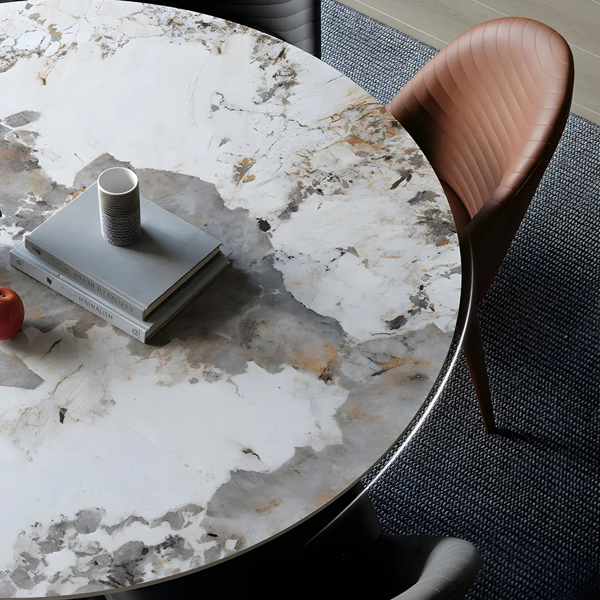 Modern Round Stone Wood Base Grey Dining Table Image - 7