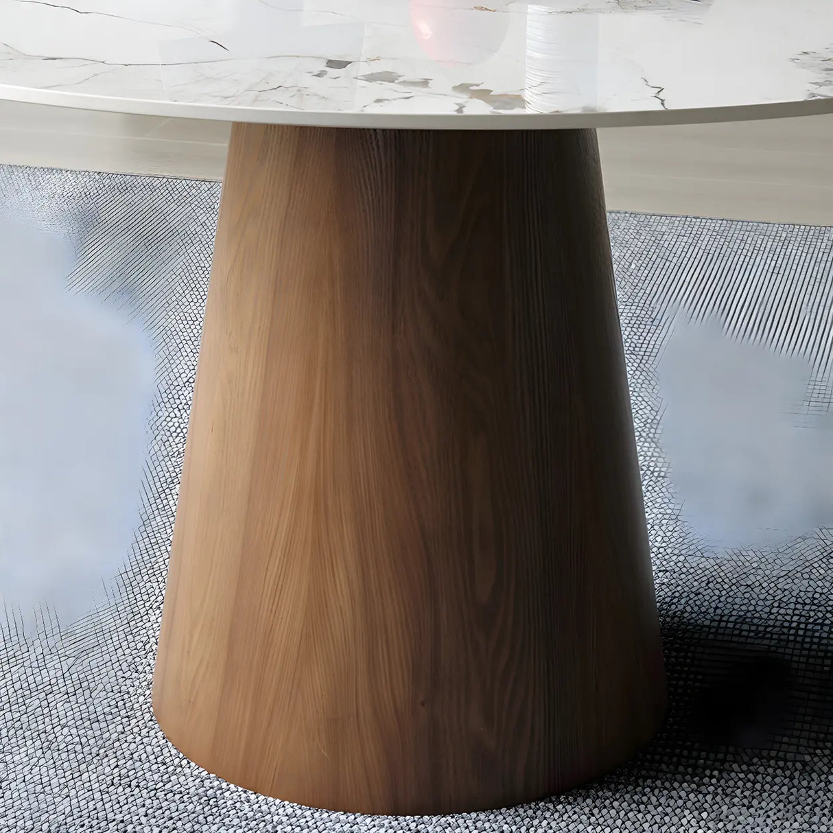 Modern Round Stone Wood Base Grey Dining Table Image - 9