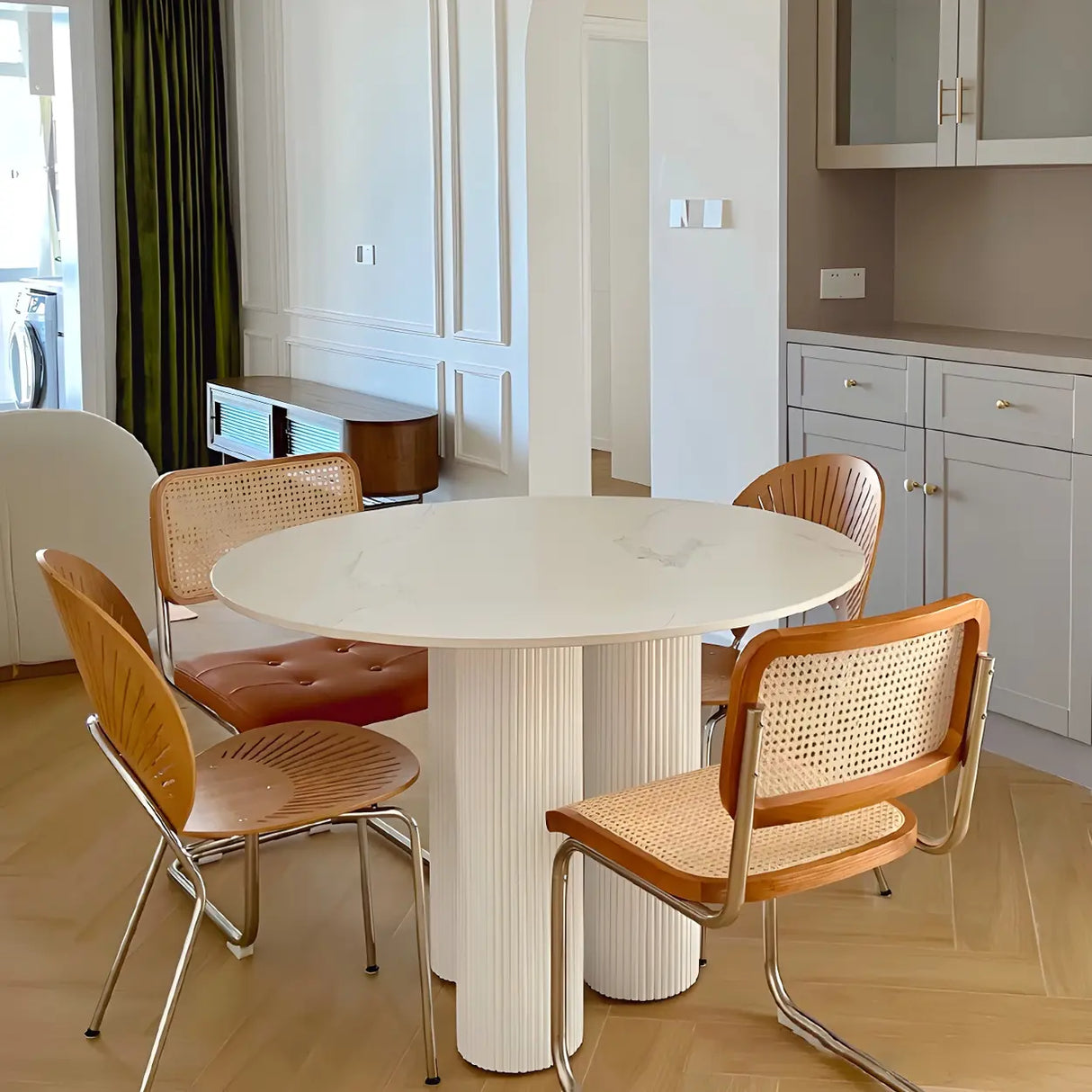 Modern Round White Oak Wood Dining Table Image - 12