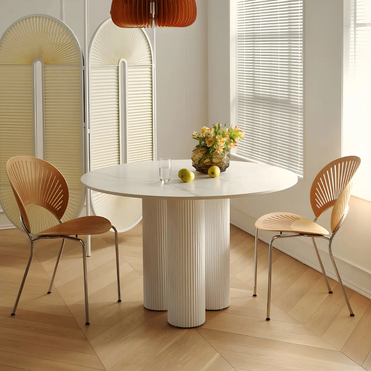 Modern Round White Oak Wood Dining Table Image - 1