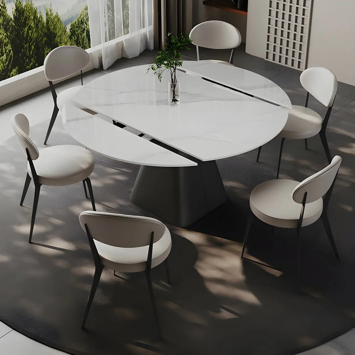 Modern Round White Stone Dining Table Extendable Pedestal Image - 10