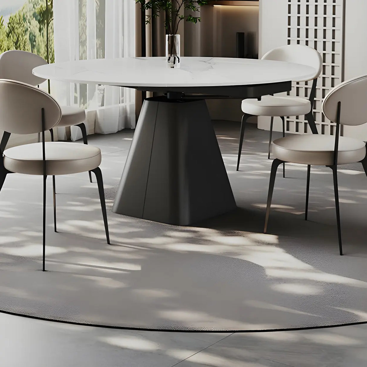 Modern Round White Stone Dining Table Extendable Pedestal Image - 11