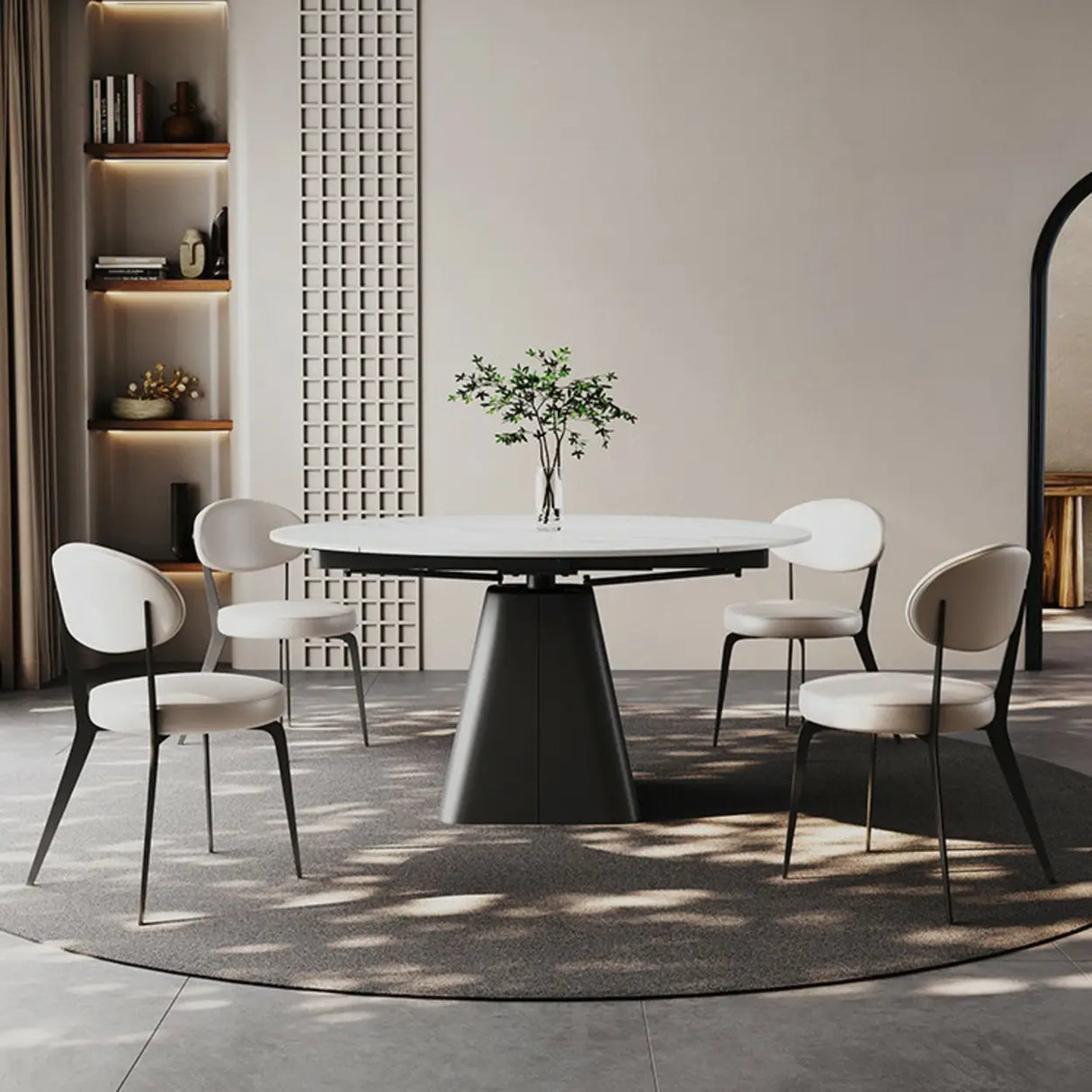 Modern Round White Stone Dining Table Extendable Pedestal Image - 1