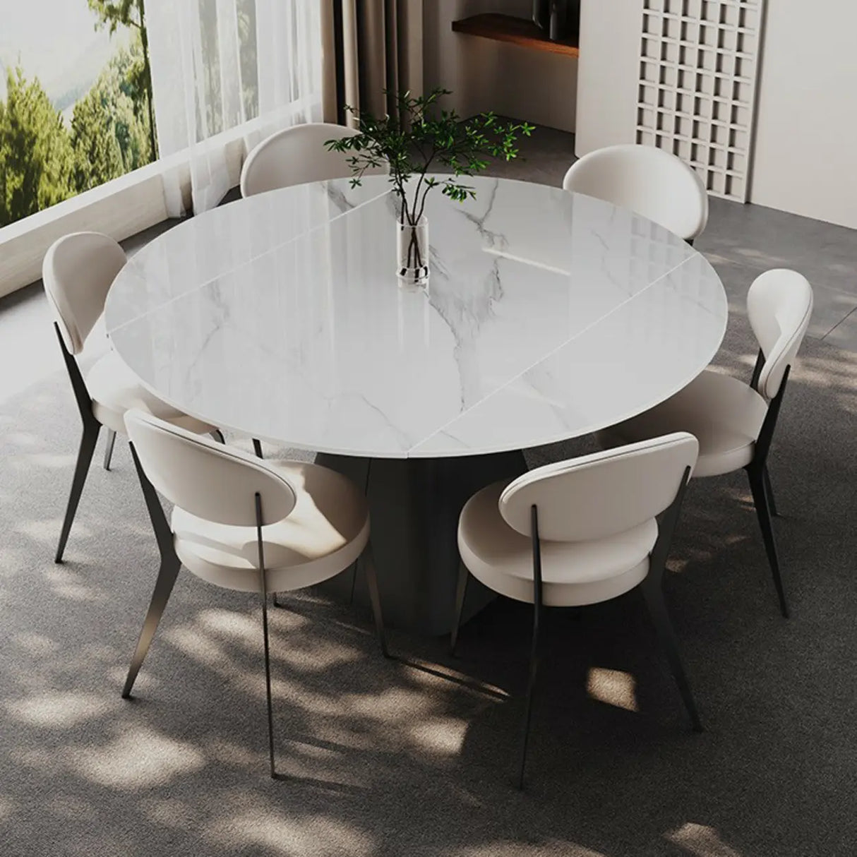 Modern Round White Stone Dining Table Extendable Pedestal Image - 2