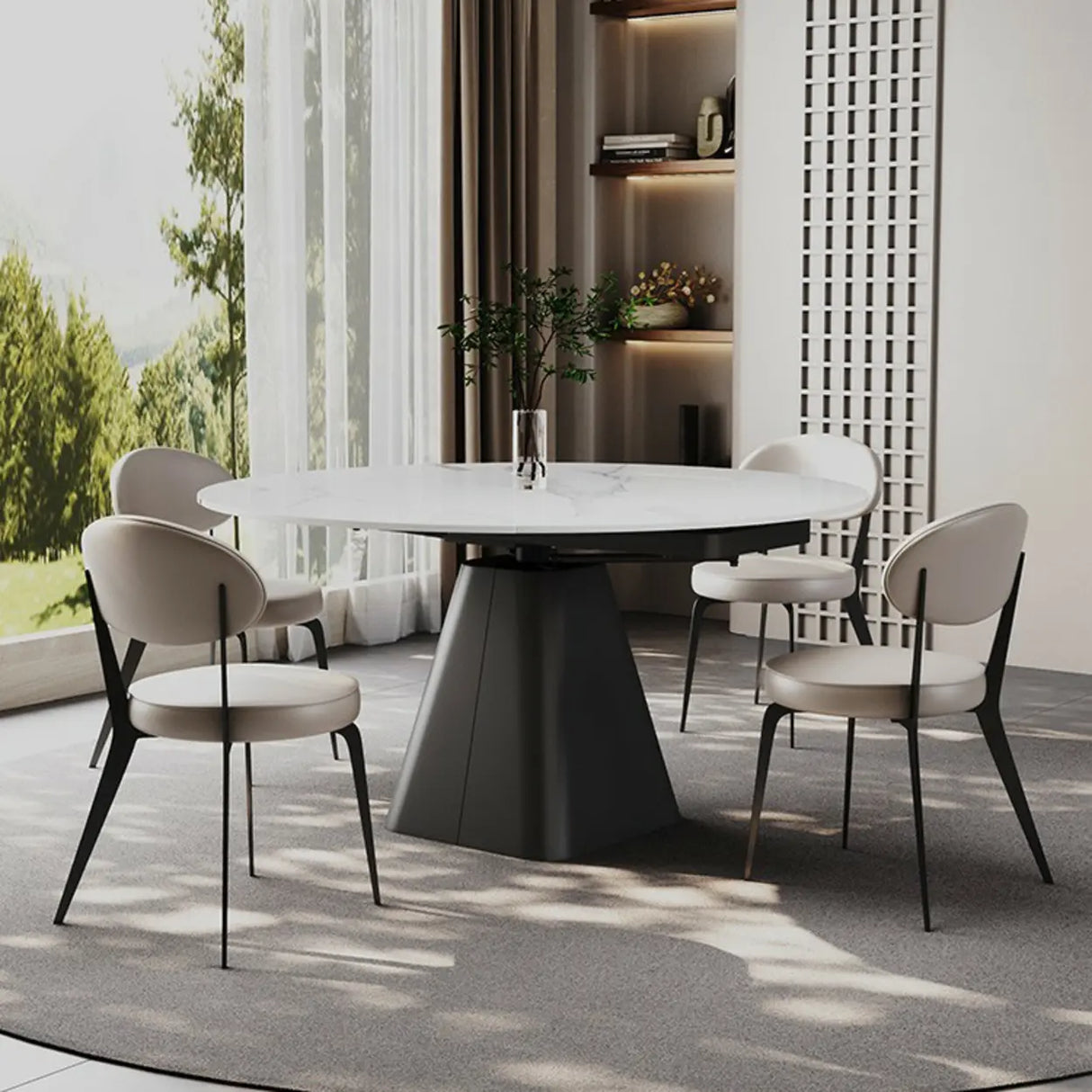 Modern Round White Stone Dining Table Extendable Pedestal Image - 4