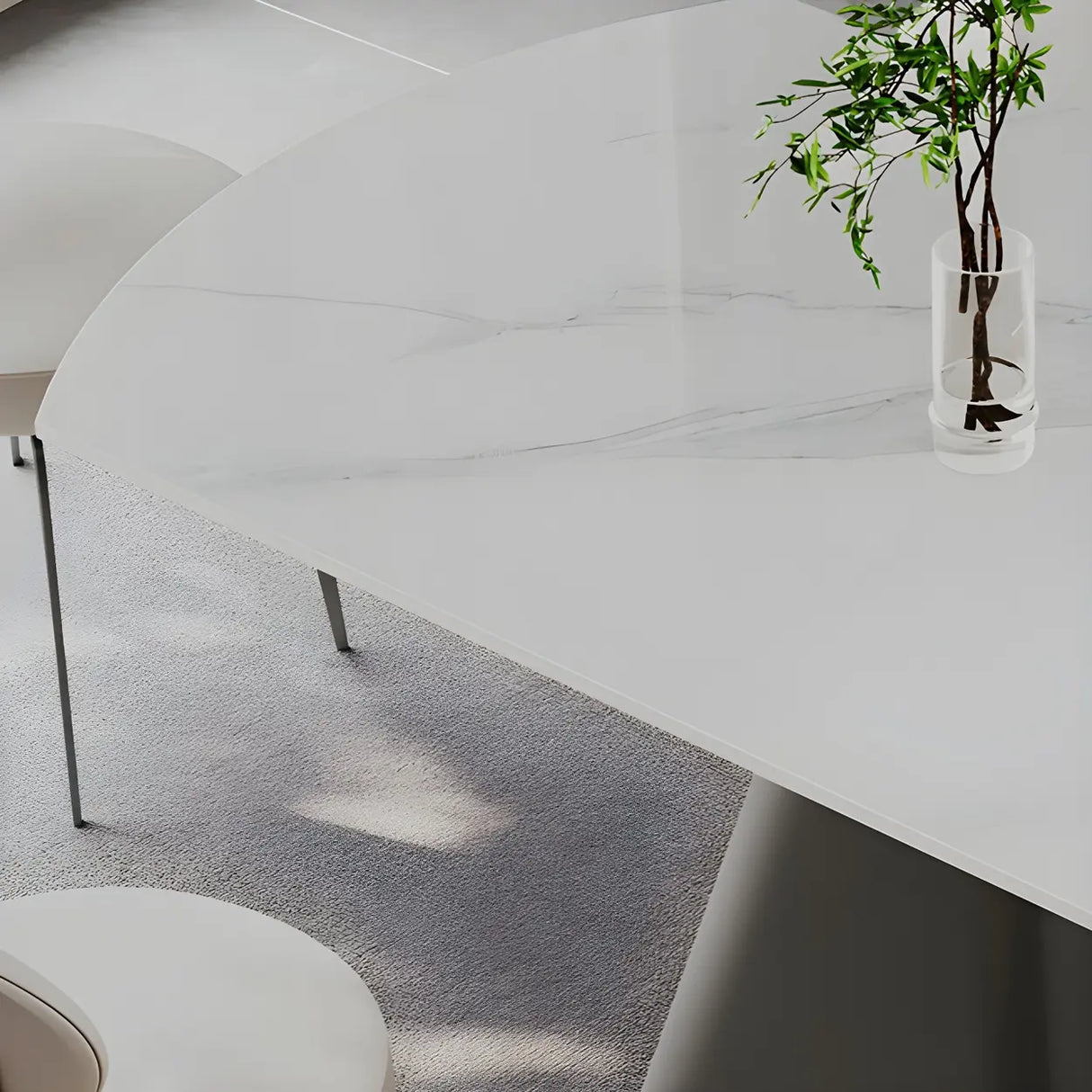 Modern Round White Stone Dining Table Extendable Pedestal Image - 6