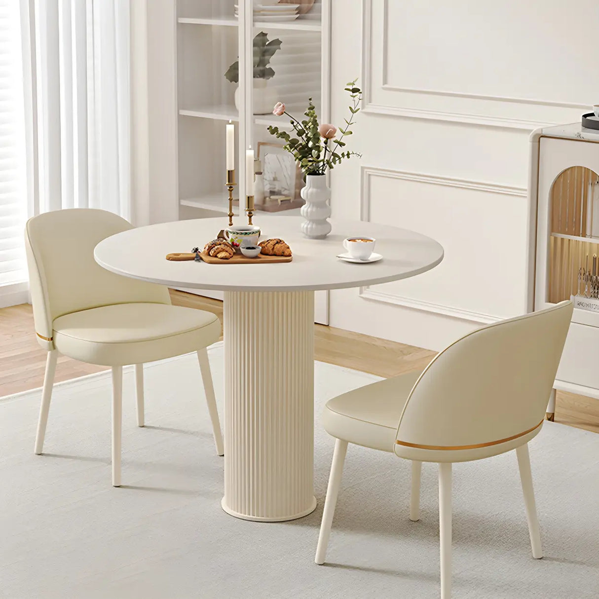 Modern Round Wood Beige Compact Elegant Dining Table Image - 1