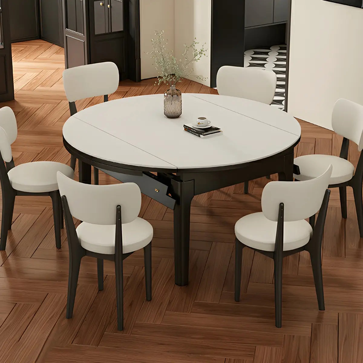 Modern Round Wood Dining Table White Stone Extendable Image - 1