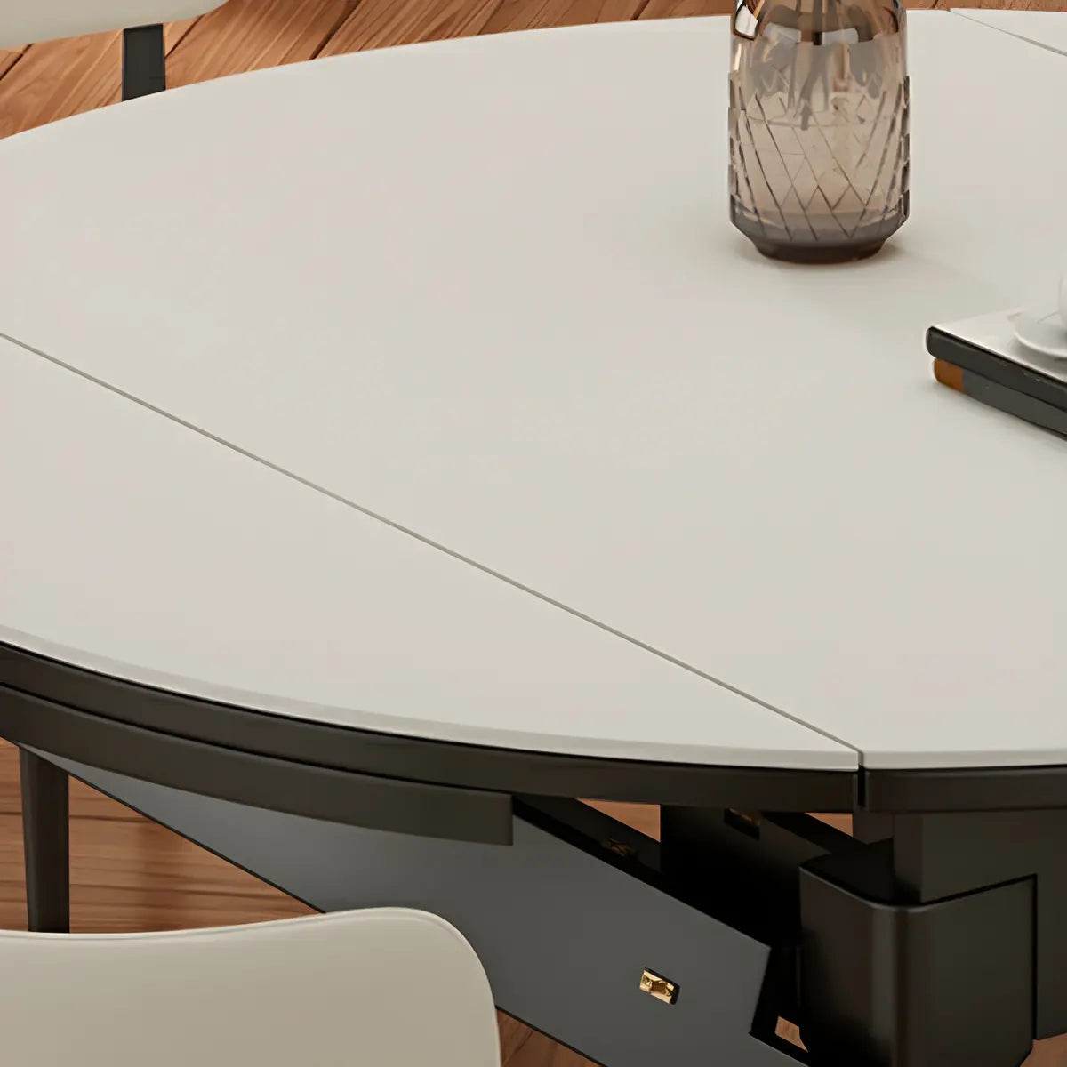 Modern Round Wood Dining Table White Stone Extendable Image - 2